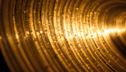Close-up of a golden drum cymbal's intricate texture. This macro shot showcases the intricate, layered texture of a gold-toned drum cymbal