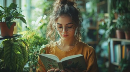 Young Woman Reading a Book in a Cozy Indoor Garden Surrounded by Lush Plants on a Warm Afternoon. Generative AI