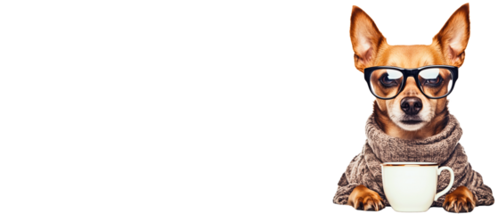 serious and super cute dog wearing eyeglasses and sitting in front of cup; funny & creative element for business online, web education, entertainment advertising isolated over transparent (white) bg