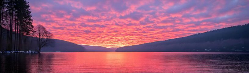 Fototapeta premium Pink lake sunset, winter trees, hills
