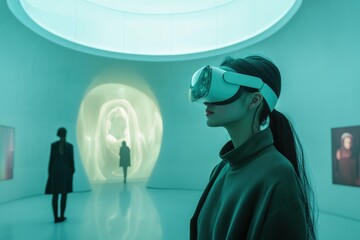 Obraz premium A woman exploring a futuristic gallery wearing a virtual reality headset