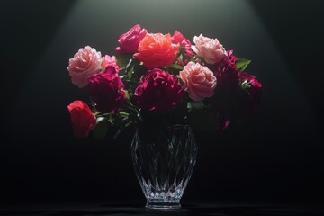 Obraz premium Crystal vase with red and pink roses spotlighted on a dark background