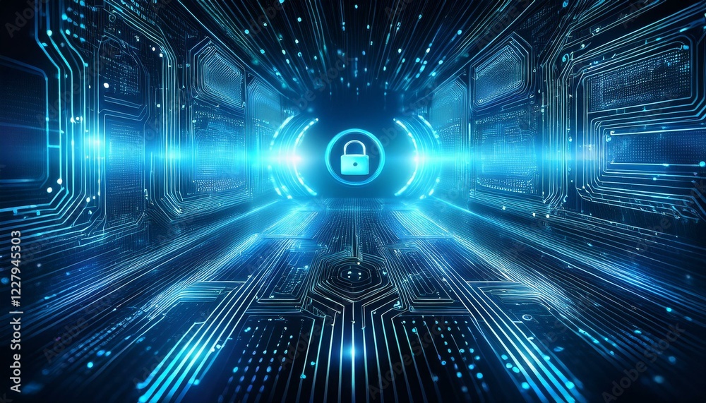 Wall mural high tech security system with glowing blue lights and bokeh effect