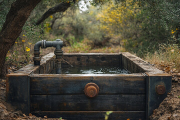 Water reservoir surrounded by natural greenery in a tranquil rural setting