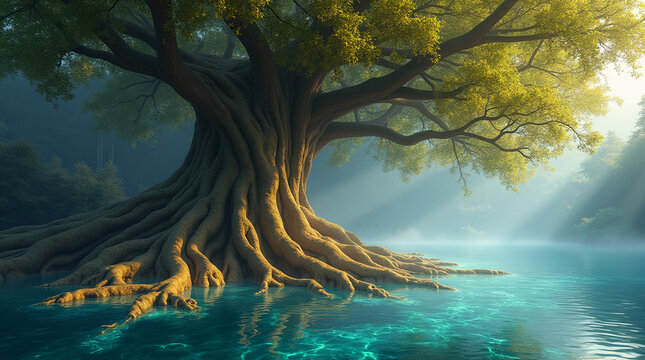 An enormous ancient tree with glowing leaves and golden roots extending into a sparkling blue lake