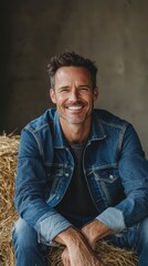 Obraz premium Smiling Man in Denim Jacket Sitting on Hay Bale