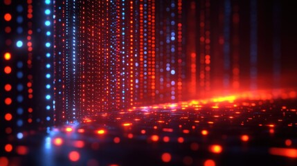 Digital data streams flow, glowing red-blue, dark background, tech visuals