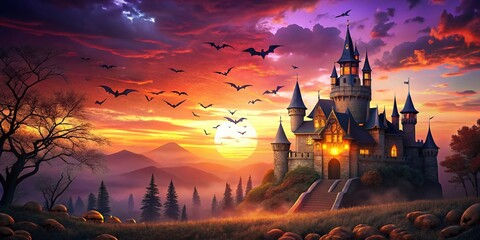 Naklejka premium Happy Halloween: Haunted Castle Drone Shot, Bats, Orange Purple Sky, Greeting Card