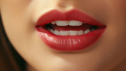 Obraz premium Mouth Talking: Macro Close-up of Young Woman's Lips in Conversation. Female Lips in Close-up, Speaking Directly to Viewer