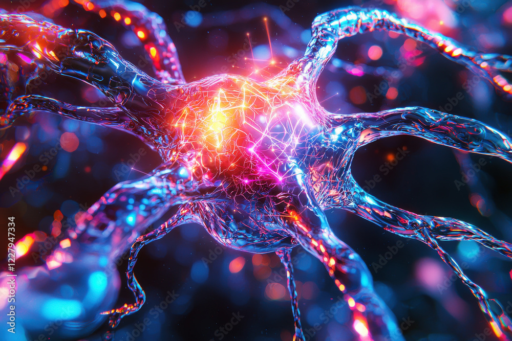 Poster Glowing holographic neural network node with vibrant neon pathways and metallic details in macro view