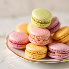 Obraz premium Colorful Macarons in Pastel Shades with Delicate Cream Filling on White Plate with Copy Space