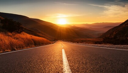 the sun rises over a deserted asphalt road in the mountains sunrise on asphalt warm tones
