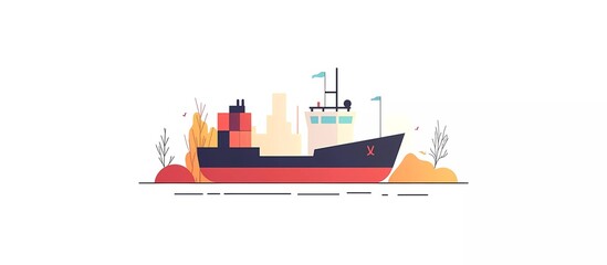 Flat vector illustration of a cargo ship with containers, isolated on a white background, in a simple minimalistic style. The design features flat graphics, flat colors, and simple shapes against a wh