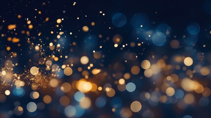 Navy Blue Abstract Background with Golden Light and Glistering Bokeh Particles. Christmas Holiday Concept with Gold Foil Texture Shine