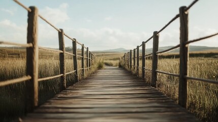 Obraz premium Wooden path leads to scenic field.