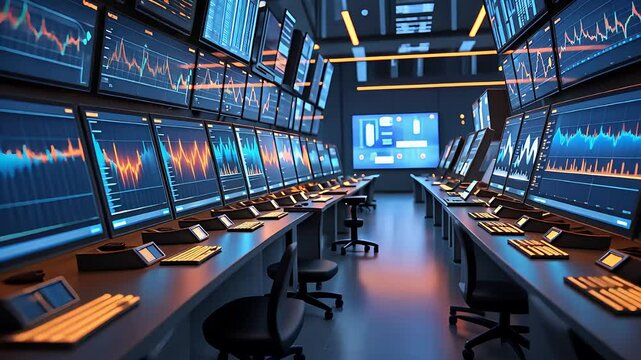 High-Tech Financial Trading Room with Multiple Digital Screens Displaying Stock Market Charts and Data Analytics


