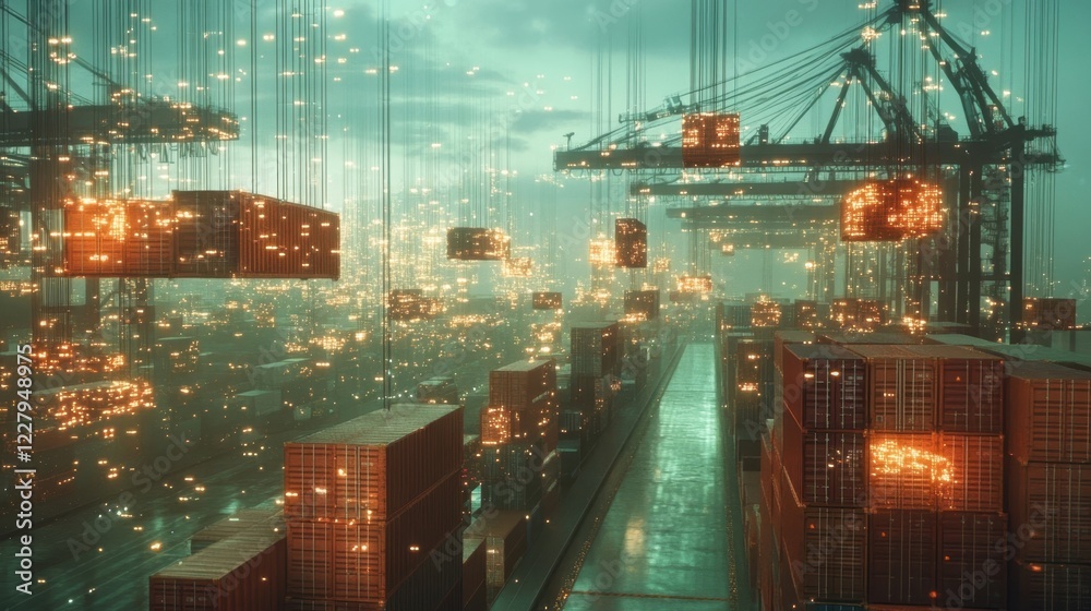 Poster futuristic container cranes are operating automatically, moving illuminated cargo containers in a te