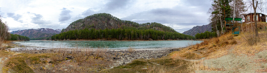 Panorama of the Katun river not far from Barangol at November. Altai, Siberia, Russia