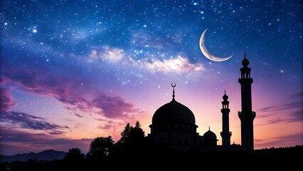 Mosque Silhouette Under Starry Sky and Crescent Moon