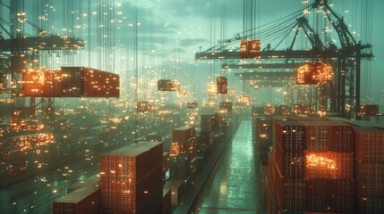 Futuristic container cranes are operating automatically, moving illuminated cargo containers in a technologically advanced shipping port of the future, showcasing automation and global logistics