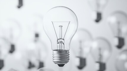 A single, clear lightbulb in focus, surrounded by blurred lightbulbs.