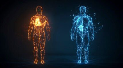 The outline of a healthy human body and a sick human body. Health. Nutrition. Dietary supplements. Biohacking