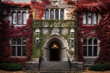 Old Gothic Stone College Building Covered in Ivy With Autumn Colors in Exterior Shot