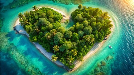 Heart-Shaped Island Paradise: Lush Tropical Island in Turquoise Water