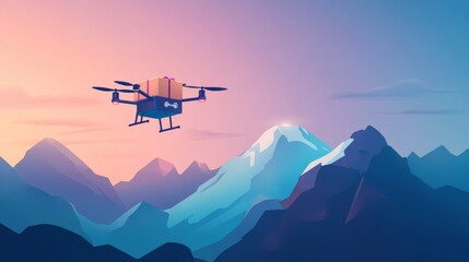 Fototapeta na wymiar Remote delivery banner with flying drone with parcel or mail package flying above mountain. Vector landing page of fast post service, automated aerial shipping