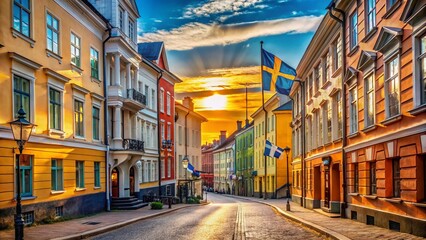 Fototapeta premium Helsinki Colorful Buildings Finnish Flags Street Photography