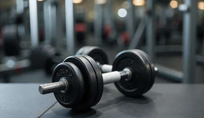 Fototapeta premium Black desk of free space for your decoration and blurred gym interior.Metal dumbbells and fit life