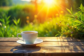 Fototapeta premium Herbal Tea in White Cup on Rustic Wooden Table Outdoors - Relaxing Summer Drink