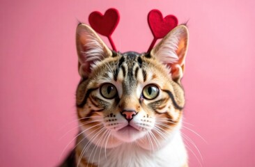 A cat poses adorably with heart-shaped accessories, showcasing its playful spirit in a lovely pink setting