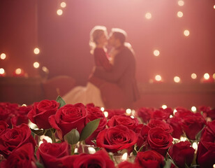 romantic couple at night.Romantic Candlelight with Blooming Roses