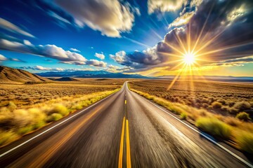 High Desert Highway 20 Oregon:  Fast Drive POV Stock Photo