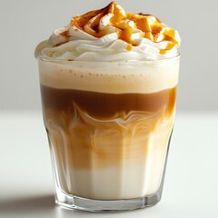 Latte Delight with Cream Swirl on White, exquisite coffee presentation, inviting texture, creamy richness, minimalist elegance, perfect for menus or blogs