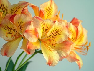 Fototapeta premium Bright yellow and red lilies in a clear glass vase.