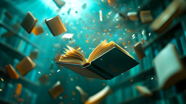 Books soar amidst a mystical library, inviting exploration and sparking imagination in quiet awe