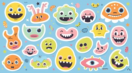 Obraz premium Cute Smile Faces Stickers Set with Big Vector Shapes
