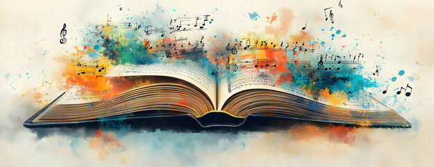 Open book, music notes, watercolor, background, design
