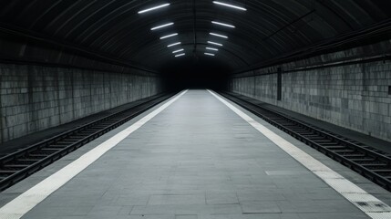 Empty subway platform with tracks and arched ceiling.