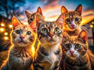 Hilarious Cats Selfie: Low-Light Nighttime Fun, Fuzzy Friends Group Photo