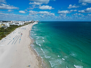 Marina landscape in South Beach, USA. Skyline panorama. Sea beach. Miami South beach landscape aerial view. Skyline aerial on Miami marina, Florida. Aerial Miami south beach. Sunny Miami beaches