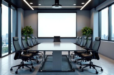 Spacious conference room features a large table, comfortable chairs, and stunning city views from the windows