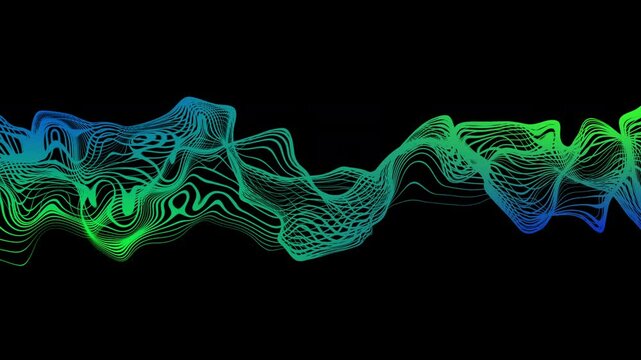 Green blue wavy lines on black background suitable for abstract backgrounds, technology themes, vibrant designs, web banners, digital art.
