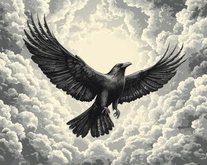 Naklejka premium Majestic Raven Tattoo Design Against Dramatic Cloudy Sky Backdrop