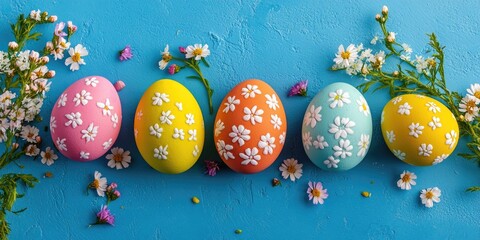 An assortment of colorfully decorated Easter eggs with cherry blossoms on a blue background, representing the spring holiday.