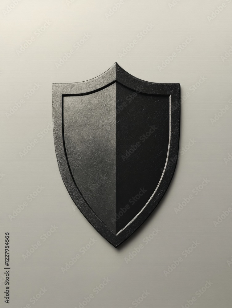 Poster simple black shield design on a light background, symbolizing protection and strength with a modern 