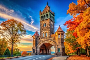 Obraz premium Historic Testimonial Gateway Tower, Mohonk Mountain, New Paltz, NY - Golden Hour Vertical Shot