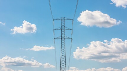High-voltage power pylon against a blue sky with fluffy clouds.